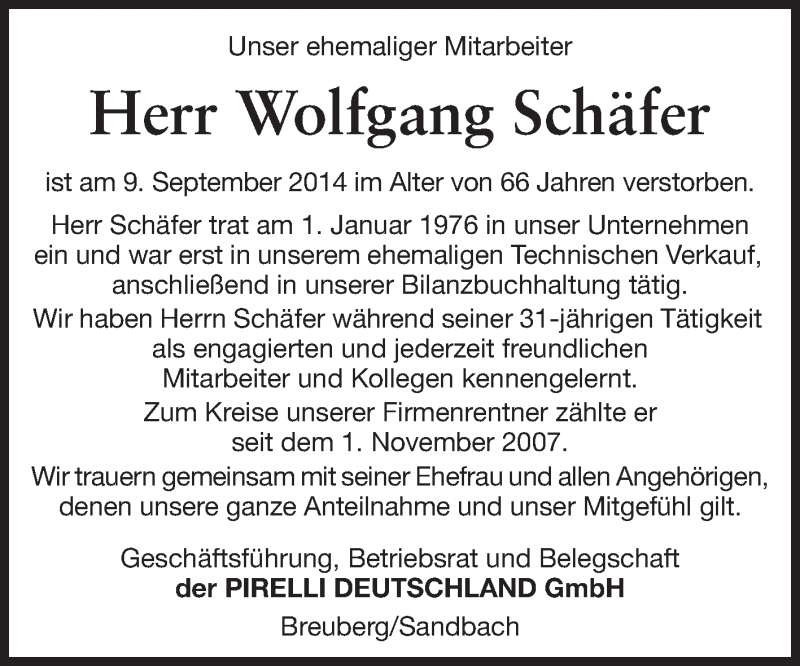  Traueranzeige für Wolfgang Schäfer vom 16.09.2014 aus Odenwälder Echo
