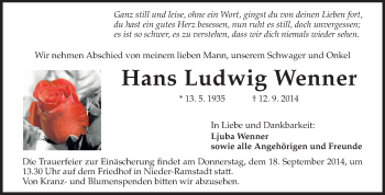 Traueranzeige von Hans Ludwig Wenner von Echo-Zeitungen (Gesamtausgabe)