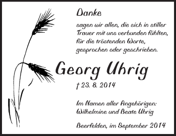 Traueranzeige von Georg Uhrig von Odenwälder Echo