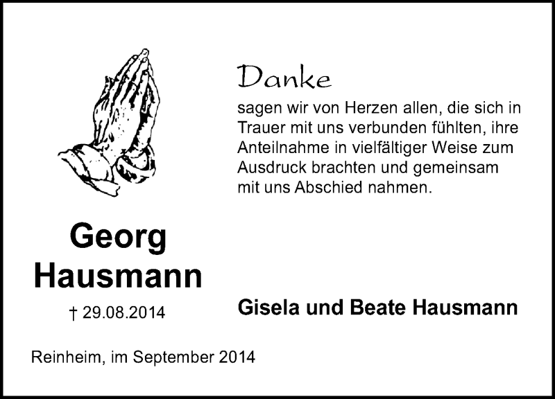  Traueranzeige für Georg Hausmann vom 20.09.2014 aus Echo-Zeitungen (Gesamtausgabe)