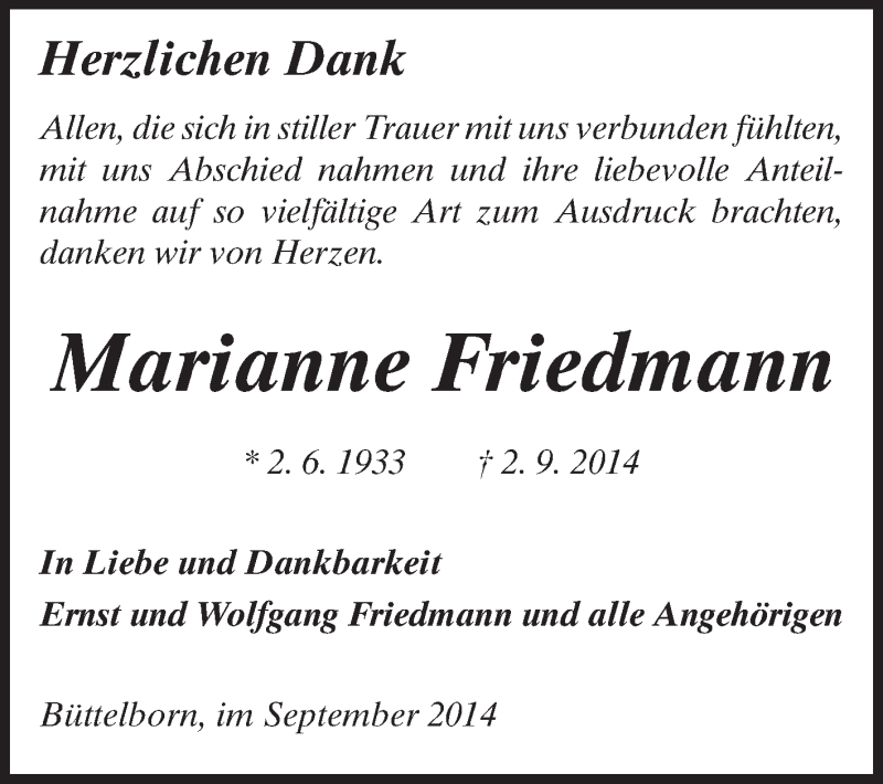  Traueranzeige für Marianne Friedmann vom 20.09.2014 aus Rüsselsheimer Echo, Groß-Gerauer-Echo, Ried Echo