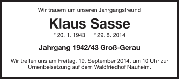 Traueranzeige von Klaus Sasse von Rüsselsheimer Echo, Groß-Gerauer-Echo, Ried Echo