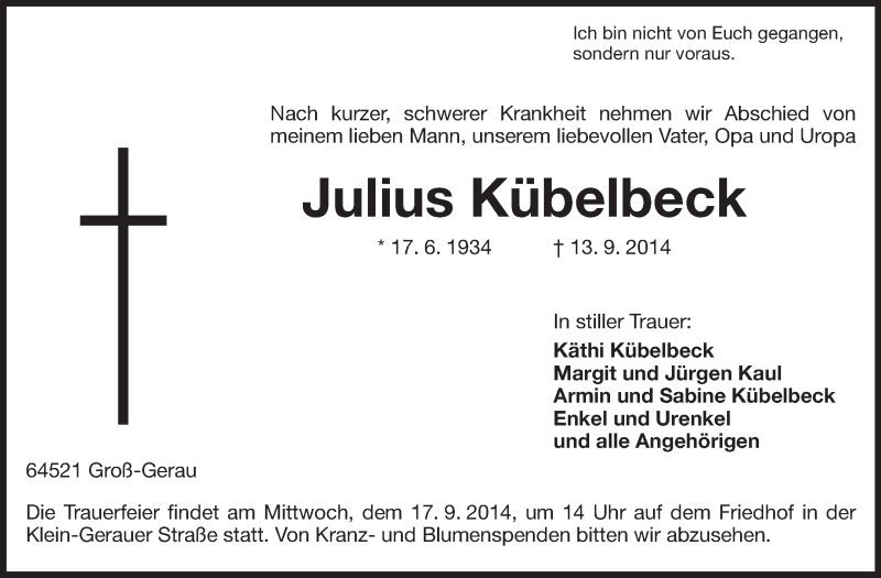  Traueranzeige für Julius Kübelbeck vom 16.09.2014 aus Rüsselsheimer Echo, Groß-Gerauer-Echo, Ried Echo