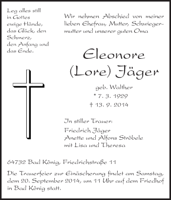Traueranzeige von Eleonore Jäger von Odenwälder Echo