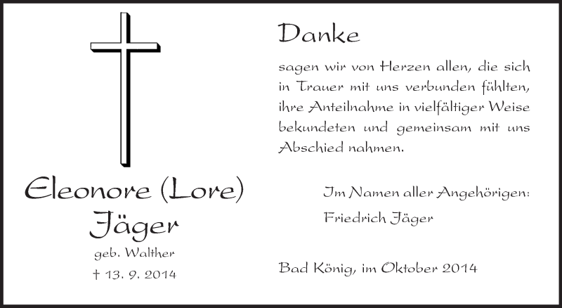  Traueranzeige für Eleonore Jäger vom 04.10.2014 aus Odenwälder Echo