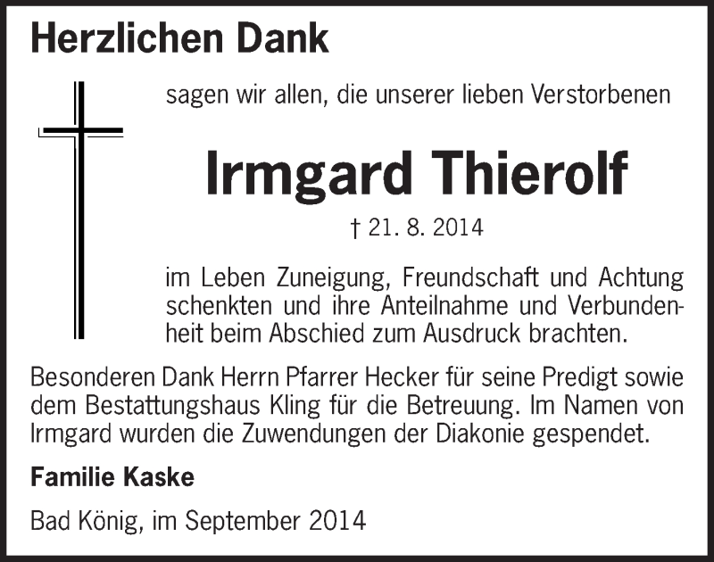 Traueranzeige für Irmgard Thierolf vom 20.09.2014 aus Odenwälder Echo