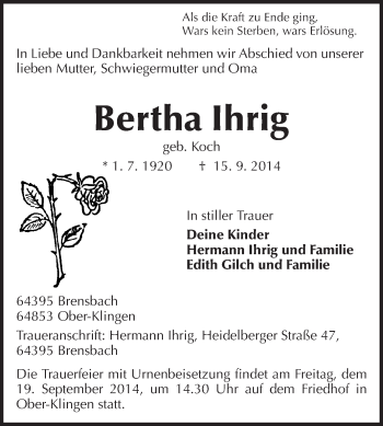 Traueranzeige von Bertha Ihrig von Echo-Zeitungen (Gesamtausgabe)
