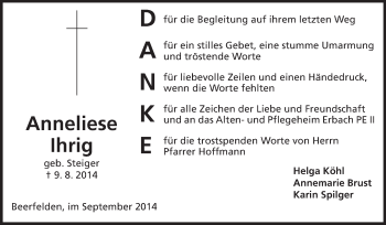 Traueranzeige von Anneliese Ihrig von Odenwälder Echo
