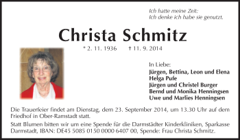 Traueranzeige von Christa Schmitz von Darmstädter Echo, Odenwälder Echo, Rüsselsheimer Echo, Groß-Gerauer-Echo, Ried Echo