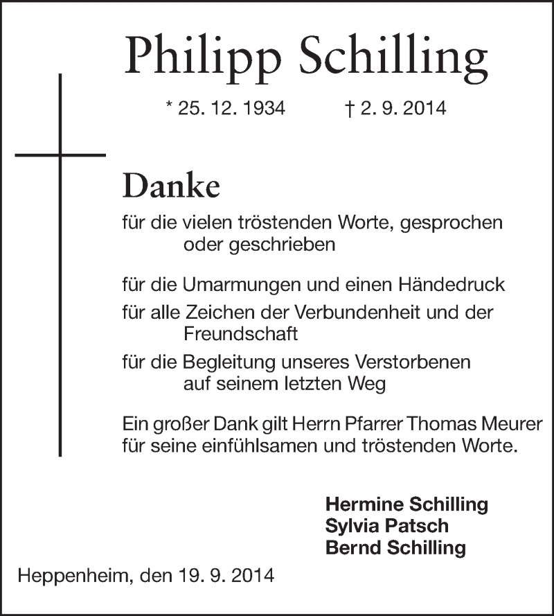  Traueranzeige für Philipp Schilling vom 19.09.2014 aus Starkenburger Echo