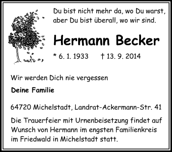 Traueranzeige von Hermann Becker von Odenwälder Echo