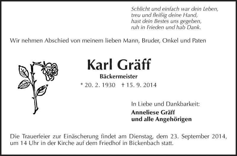  Traueranzeige für Karl Gräff vom 20.09.2014 aus Echo-Zeitungen (Gesamtausgabe)
