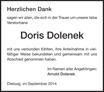 Traueranzeige von Doris Dolenek von Echo-Zeitungen (Gesamtausgabe)