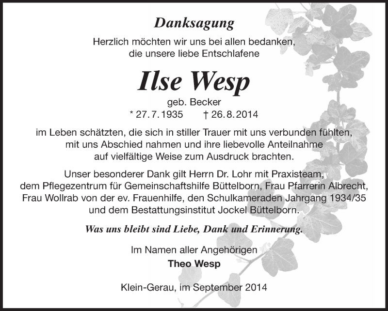  Traueranzeige für Ilse Wesp vom 19.09.2014 aus Rüsselsheimer Echo, Groß-Gerauer-Echo, Ried Echo