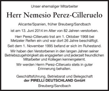 Traueranzeige von Nemesio Perez-Cilleruelo von Odenwälder Echo