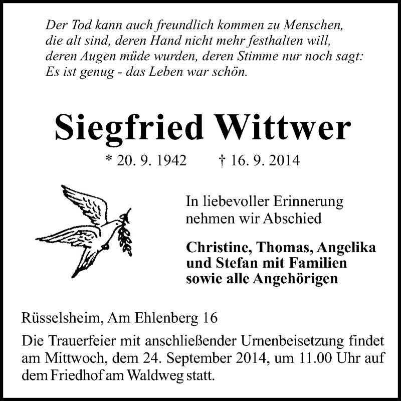  Traueranzeige für Siegfried Wittwer vom 20.09.2014 aus Rüsselsheimer Echo, Groß-Gerauer-Echo, Ried Echo