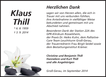 Traueranzeige von Klaus Thill von Rüsselsheimer Echo, Groß-Gerauer-Echo, Ried Echo