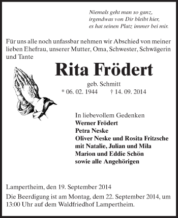 Traueranzeige von Rita Frödert von Starkenburger Echo