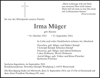 Traueranzeige von Irma Müger von Echo-Zeitungen (Gesamtausgabe)
