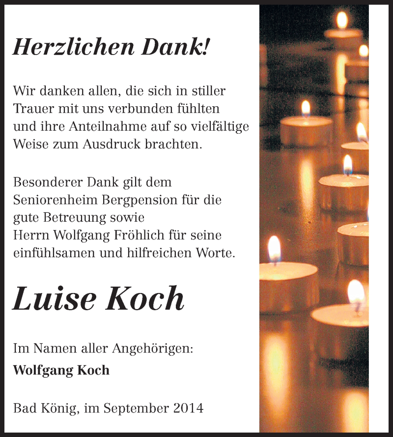  Traueranzeige für Luise Koch vom 20.09.2014 aus Odenwälder Echo