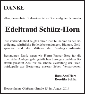 Traueranzeige von Edeltraud Schütz-Horn von Starkenburger Echo