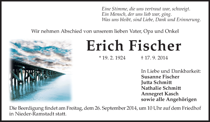  Traueranzeige für Erich Fischer vom 20.09.2014 aus Echo-Zeitungen (Gesamtausgabe)