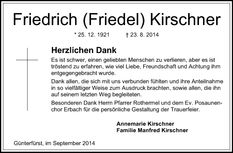  Traueranzeige für Friedrich Kirschner vom 20.09.2014 aus Odenwälder Echo