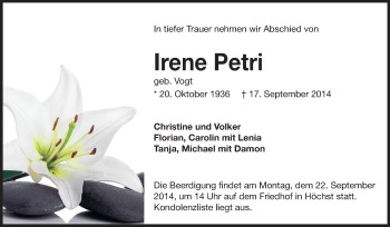 Traueranzeige von Irene Petri von Odenwälder Echo