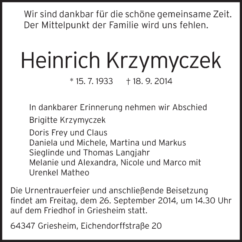  Traueranzeige für Heinrich Krzymyczek vom 22.09.2014 aus Echo-Zeitungen (Gesamtausgabe)