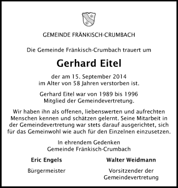 Traueranzeige von Gerhard Eitel von Odenwälder Echo