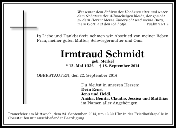 Traueranzeige von Irmtraud Schmidt von Echo-Zeitungen (Gesamtausgabe)