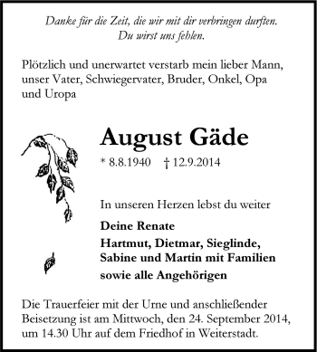 Traueranzeige von August Gäde von Echo-Zeitungen (Gesamtausgabe)