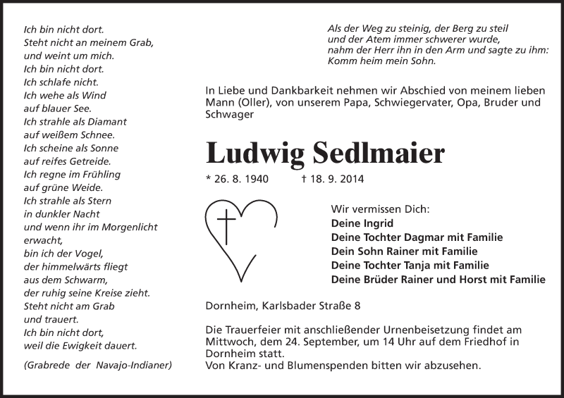  Traueranzeige für Ludwig Sedlmaier vom 22.09.2014 aus Rüsselsheimer Echo, Groß-Gerauer-Echo, Ried Echo