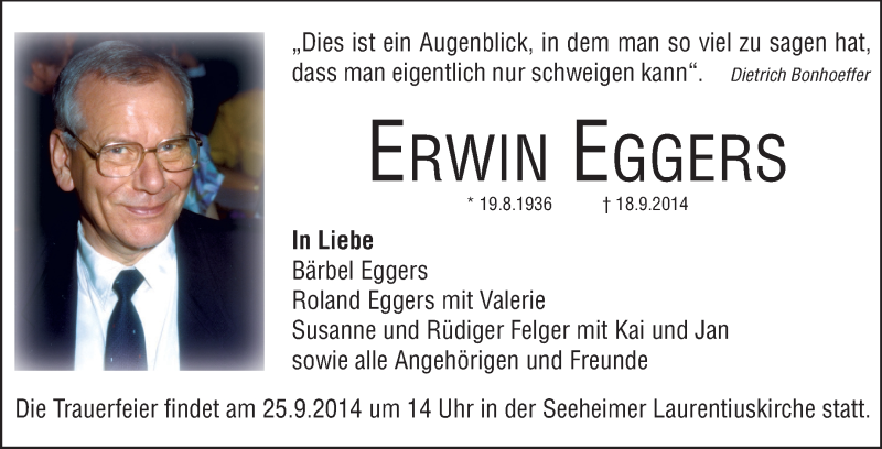  Traueranzeige für Erwin Eggers vom 22.09.2014 aus Echo-Zeitungen (Gesamtausgabe)