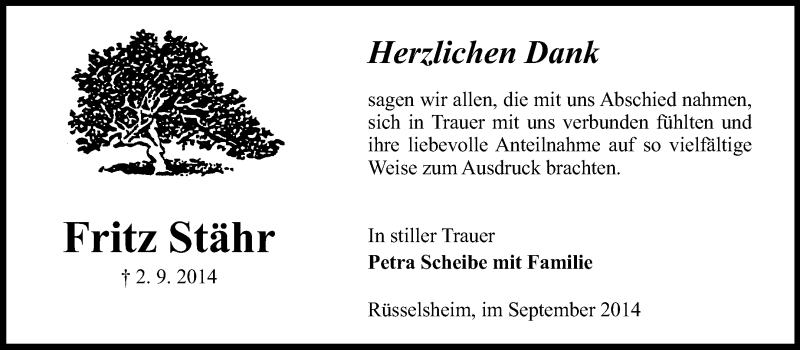  Traueranzeige für Fritz Stähr vom 24.09.2014 aus Rüsselsheimer Echo, Groß-Gerauer-Echo, Ried Echo