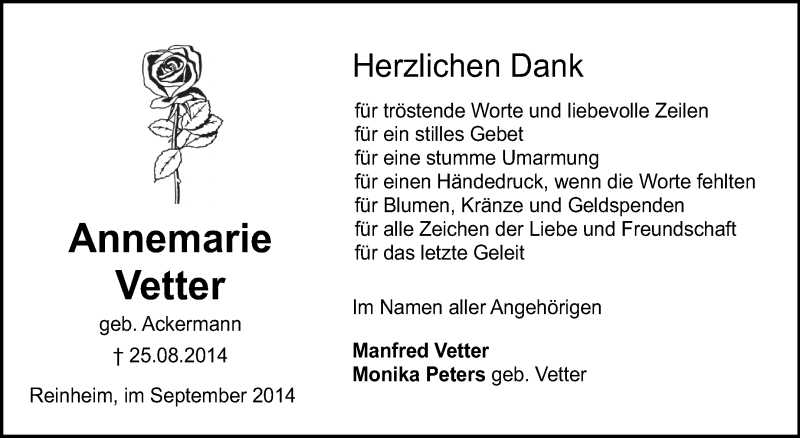  Traueranzeige für Annemarie Vetter vom 27.09.2014 aus Echo-Zeitungen (Gesamtausgabe)