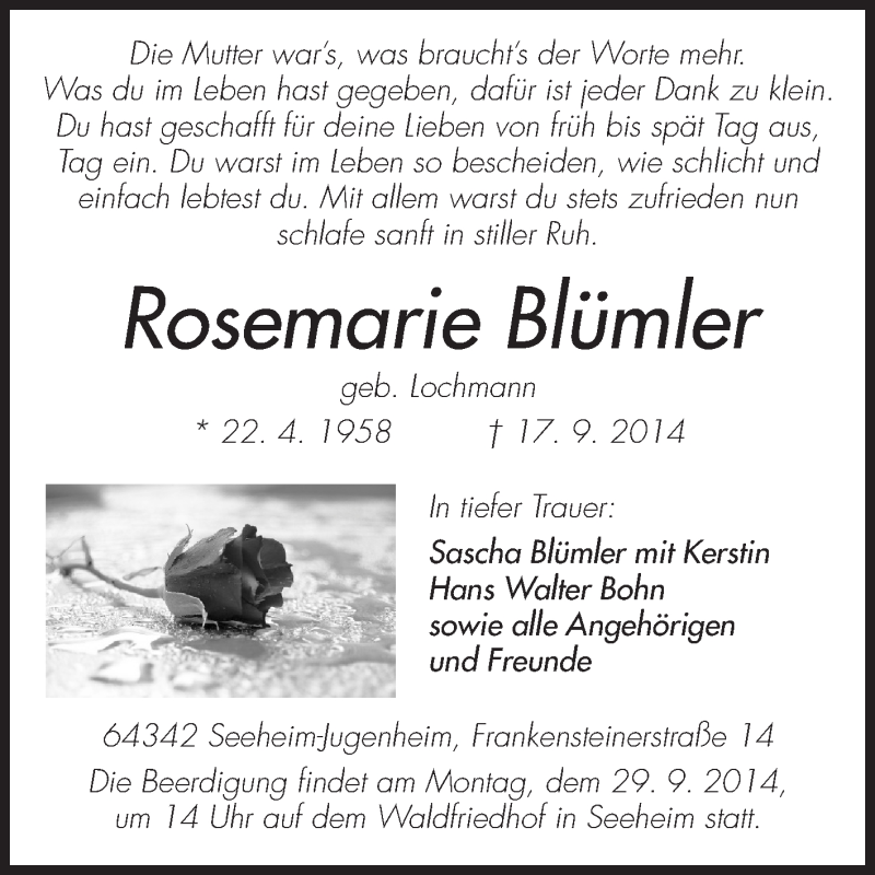  Traueranzeige für Rosemarie Blümler vom 24.09.2014 aus Echo-Zeitungen (Gesamtausgabe)