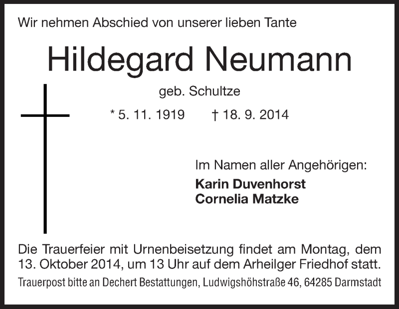  Traueranzeige für Hildegard Neumann vom 11.10.2014 aus Echo-Zeitungen (Gesamtausgabe)