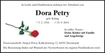 Traueranzeige von Dora Petry von Echo-Zeitungen (Gesamtausgabe)