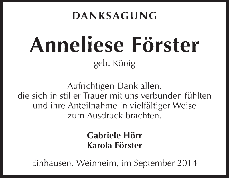  Traueranzeige für Anneliese Förster vom 26.09.2014 aus Starkenburger Echo