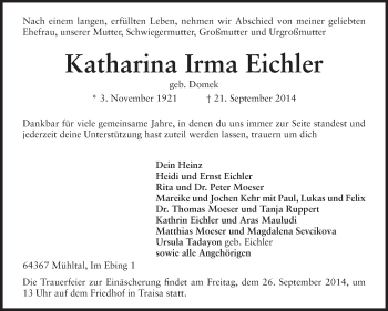 Traueranzeige von Katharina Irma Eichler von Echo-Zeitungen (Gesamtausgabe)