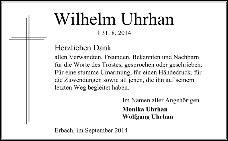  Traueranzeige für Wilhelm Uhrhan vom 24.09.2014 aus Odenwälder Echo