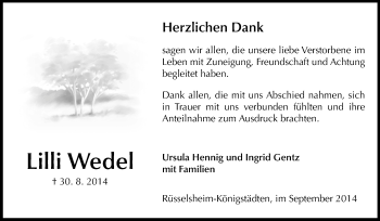 Traueranzeige von Lilli Wedel von Rüsselsheimer Echo, Groß-Gerauer-Echo, Ried Echo