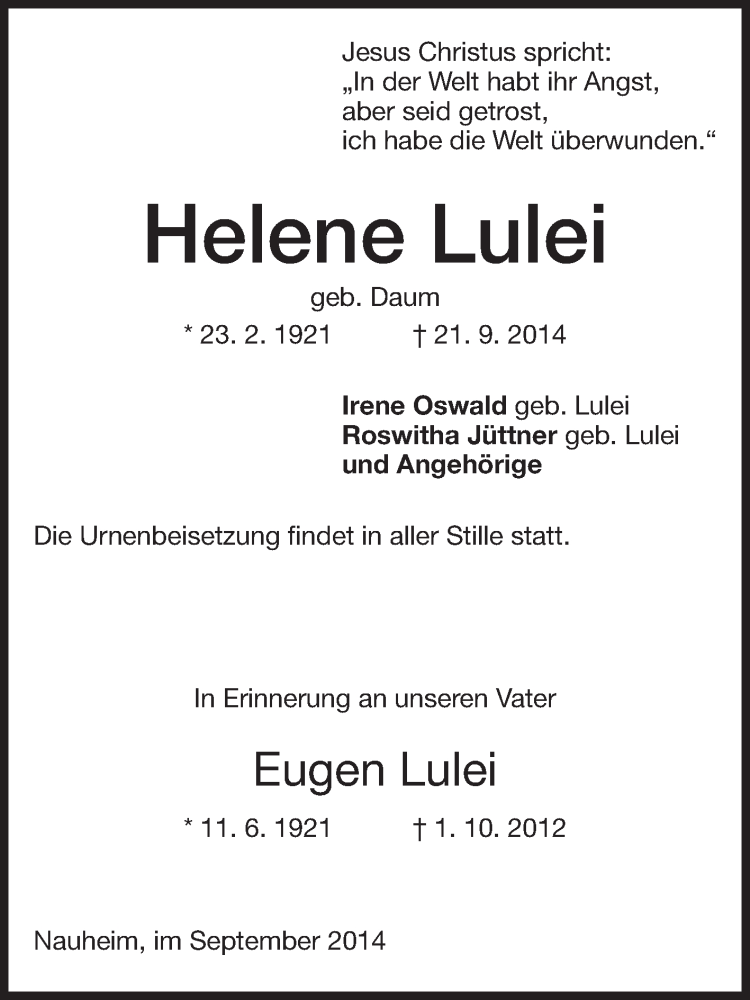  Traueranzeige für Helene und Eugen Lulei vom 24.09.2014 aus Rüsselsheimer Echo, Groß-Gerauer-Echo, Ried Echo