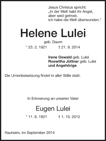 Traueranzeige von Helene und Eugen Lulei von Rüsselsheimer Echo, Groß-Gerauer-Echo, Ried Echo