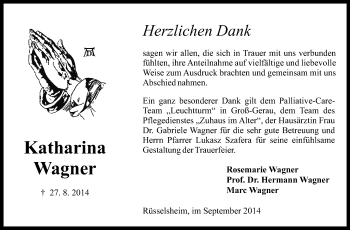 Traueranzeige von Katharina Wagner von Rüsselsheimer Echo, Groß-Gerauer-Echo, Ried Echo