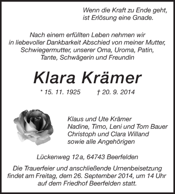 Traueranzeige von Klara Krämer von Odenwälder Echo