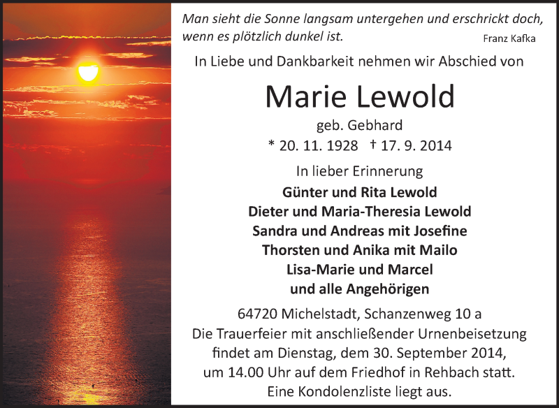  Traueranzeige für Marie Lewold vom 26.09.2014 aus Odenwälder Echo
