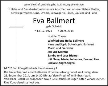 Traueranzeige von Eva Ballmert von Odenwälder Echo
