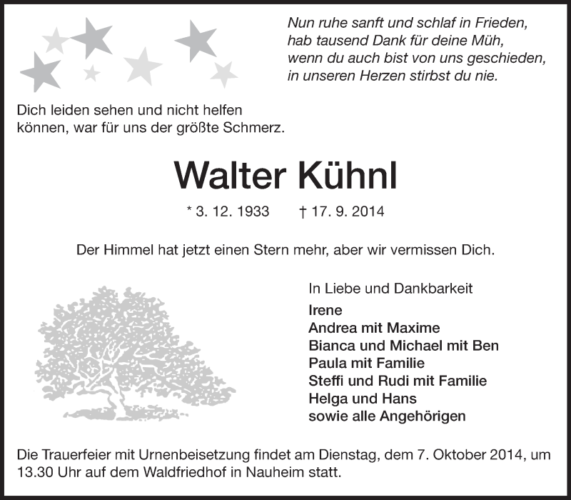  Traueranzeige für Walter Kühnl vom 27.09.2014 aus Rüsselsheimer Echo, Groß-Gerauer-Echo, Ried Echo